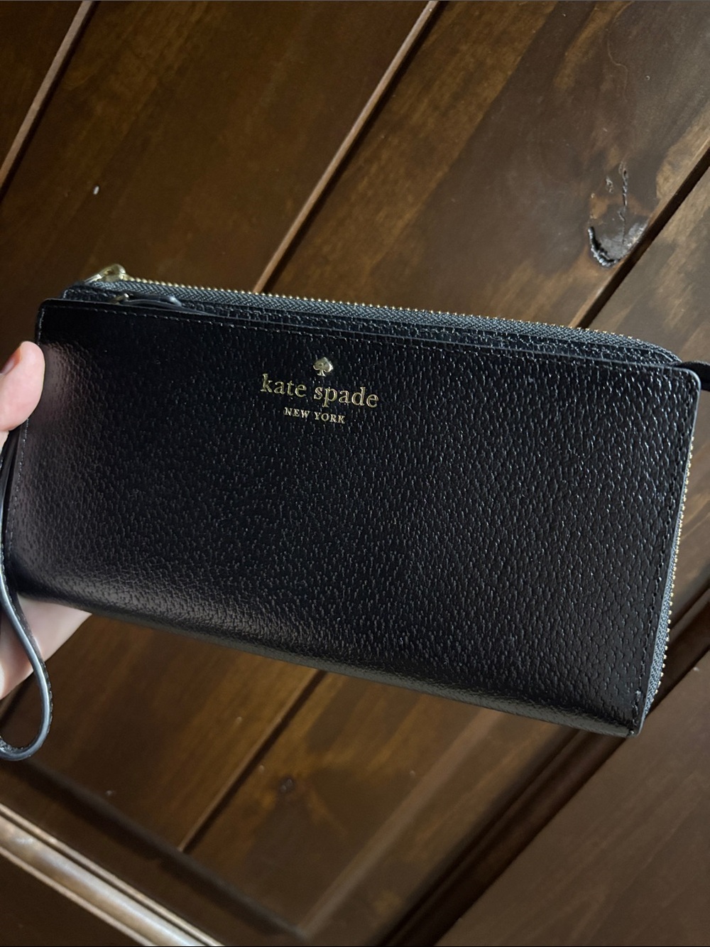 kate spade Black Pebbled Leather Zip Wristlet with Gold Logo